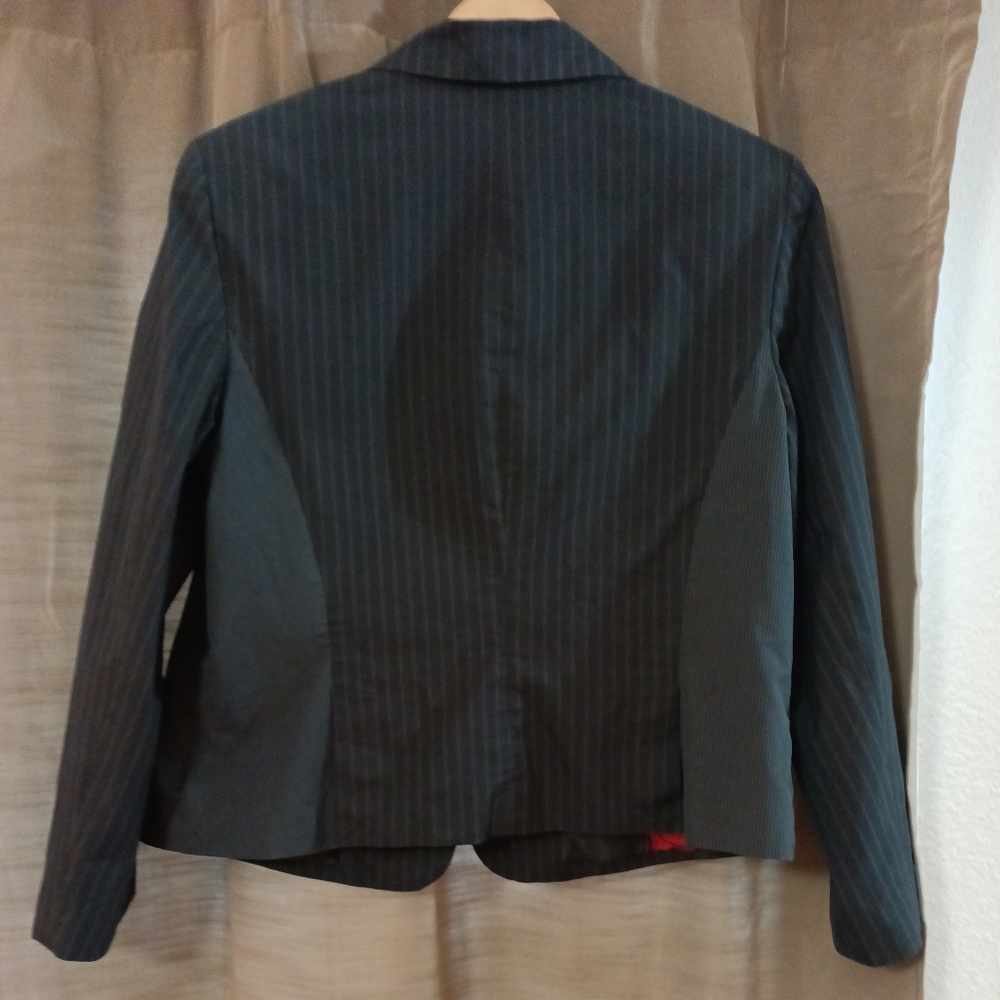 Vintage A Line Pin Striped One Button Black & Gray Blazer Suit Jacket Size 18 - Picture 7 of 8